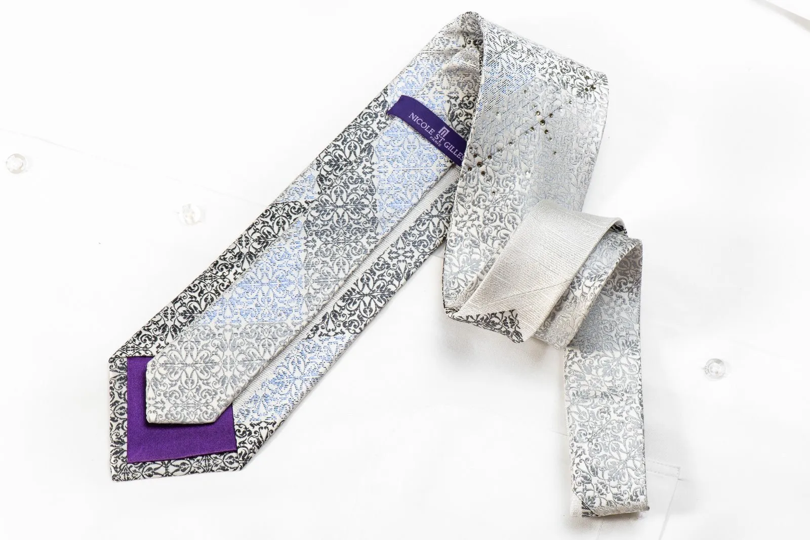 Avalon Men's Crystal Rhinestone Silk Necktie Black Cartouche On Silver With Blue Sparkles