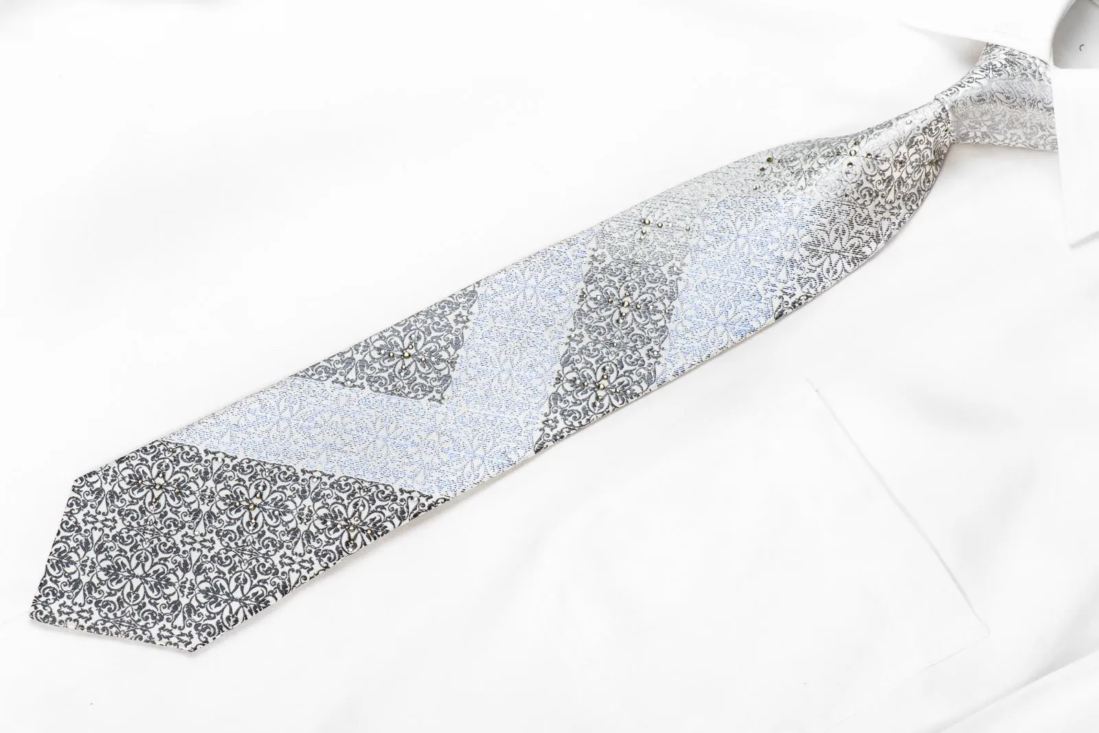 Avalon Men's Crystal Rhinestone Silk Necktie Black Cartouche On Silver With Blue Sparkles