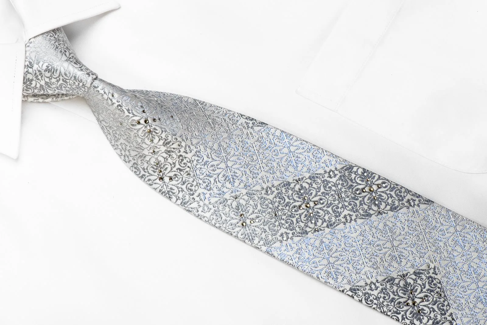 Avalon Men's Crystal Rhinestone Silk Necktie Black Cartouche On Silver With Blue Sparkles