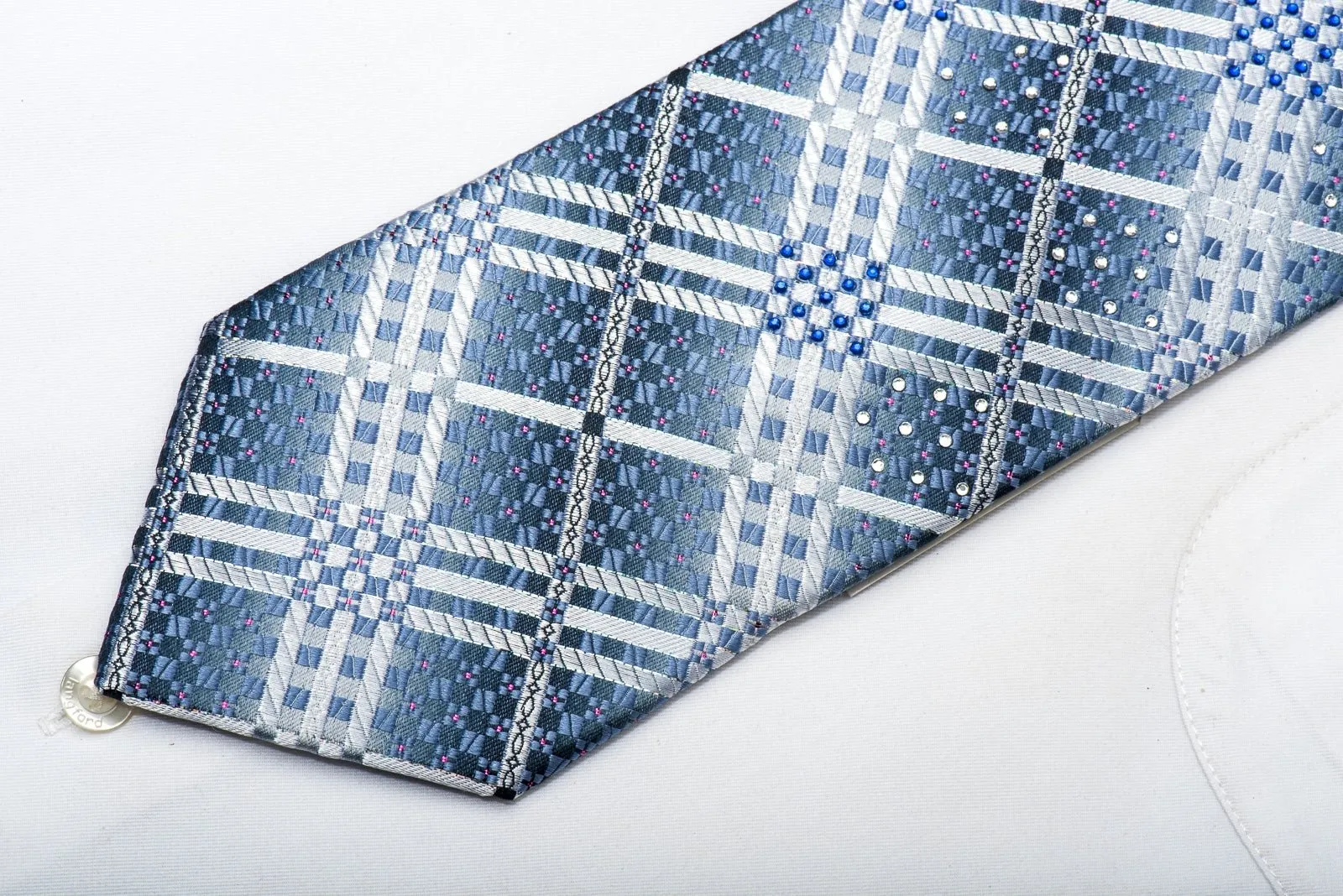 Christian Aujard Men's Silk Rhinestone Necktie Silver Checkered On Blue With Sparkles
