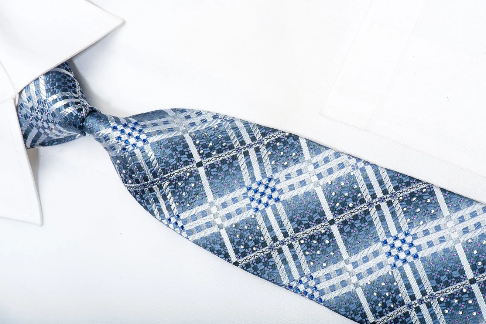 Christian Aujard Men's Silk Rhinestone Necktie Silver Checkered On Blue With Sparkles