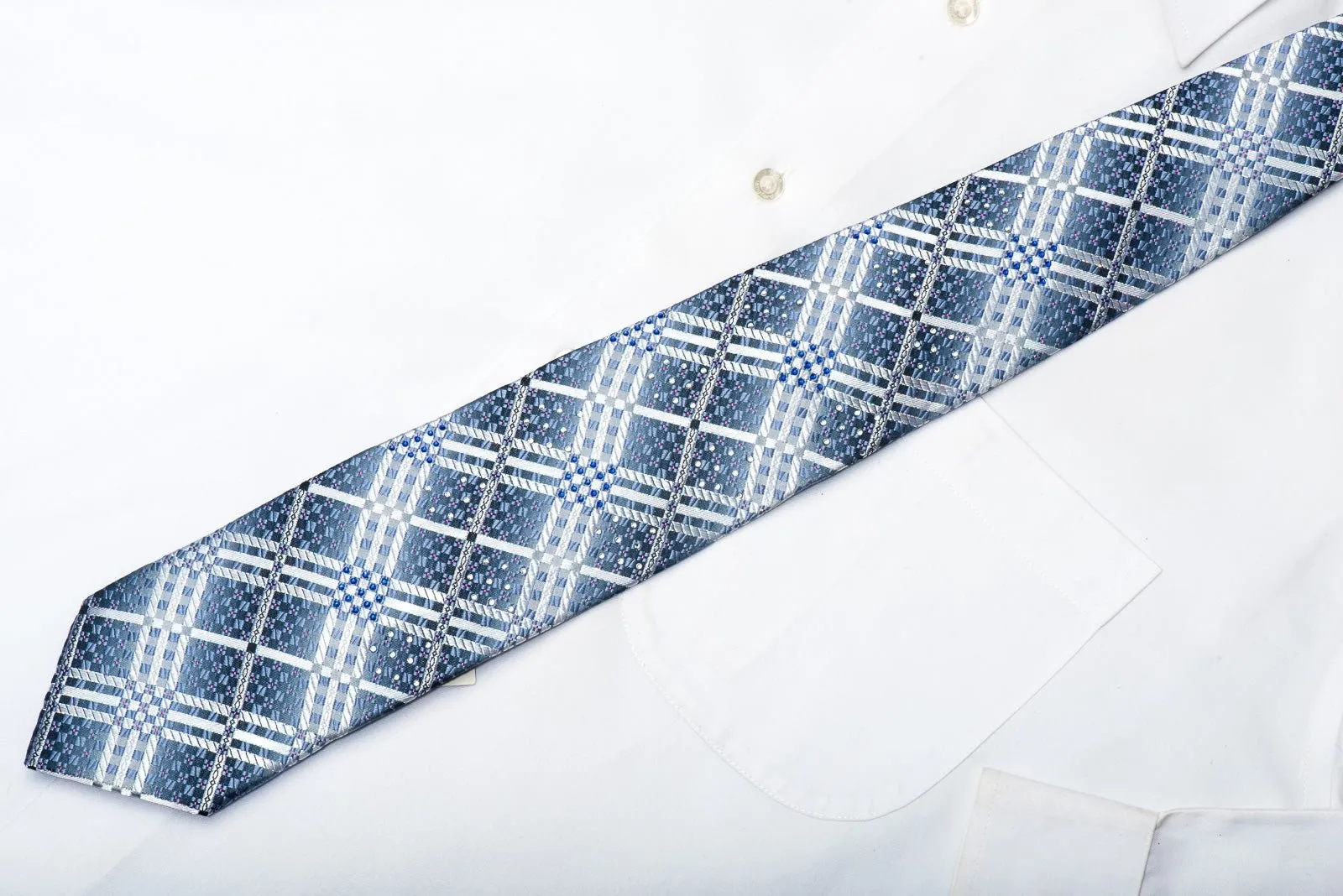 Christian Aujard Men's Silk Rhinestone Necktie Silver Checkered On Blue With Sparkles