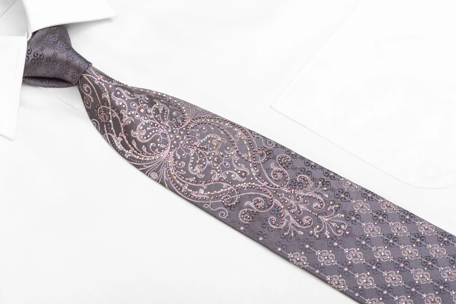 Damask On Silver Rhinestone Silk Tie With Sparkles