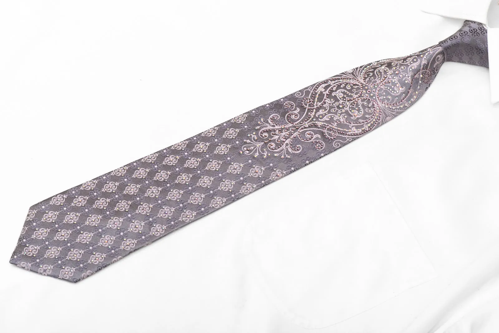 Damask On Silver Rhinestone Silk Tie With Sparkles