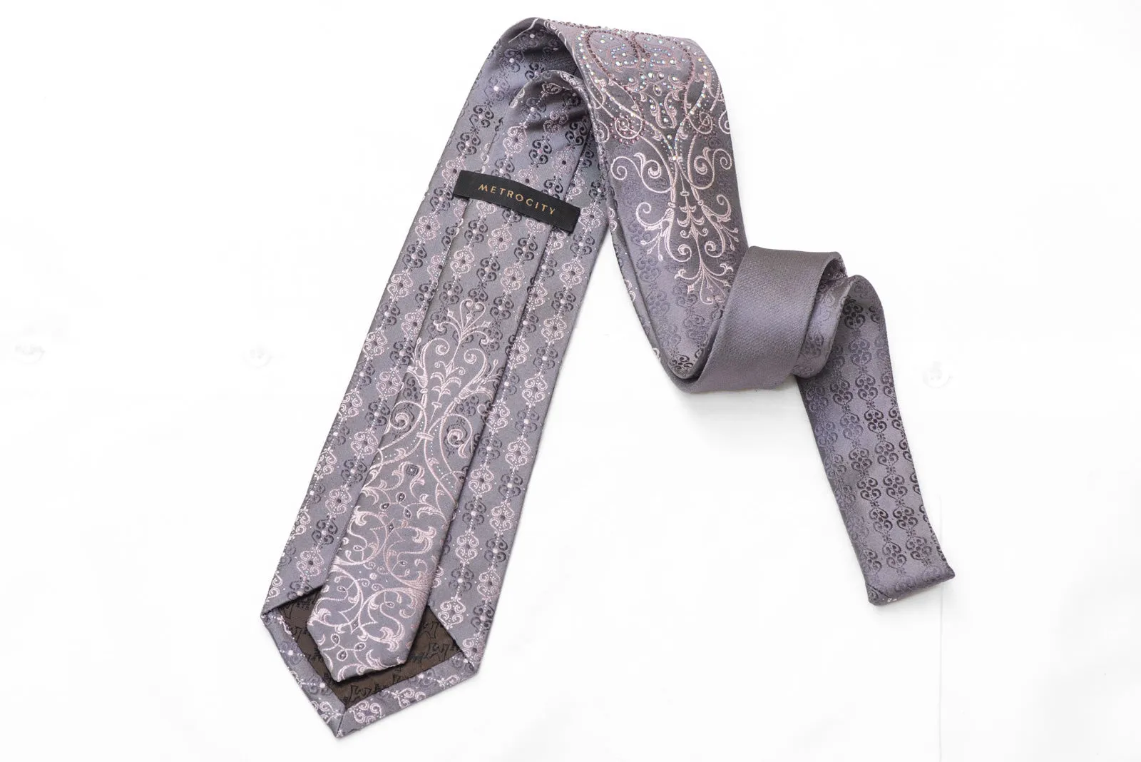 Damask On Silver Rhinestone Silk Tie With Sparkles