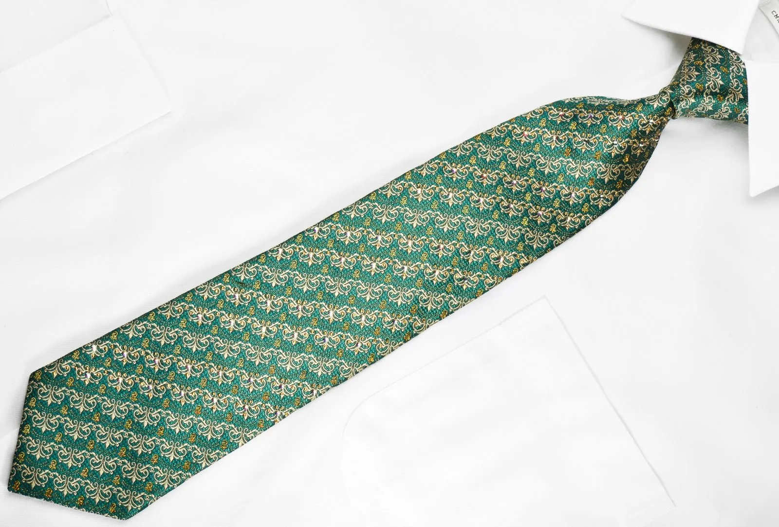 Daniel Hechter Rhinestone Silk Necktie Gold Cartouche On Emerald Green With Gold Sparkles