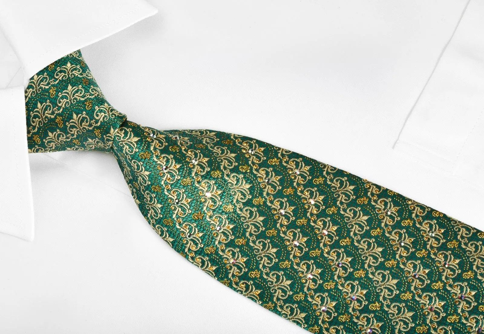 Daniel Hechter Rhinestone Silk Necktie Gold Cartouche On Emerald Green With Gold Sparkles
