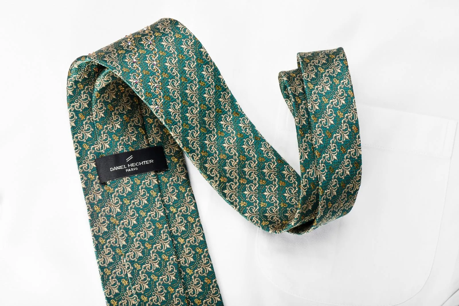 Daniel Hechter Rhinestone Silk Necktie Gold Cartouche On Emerald Green With Gold Sparkles
