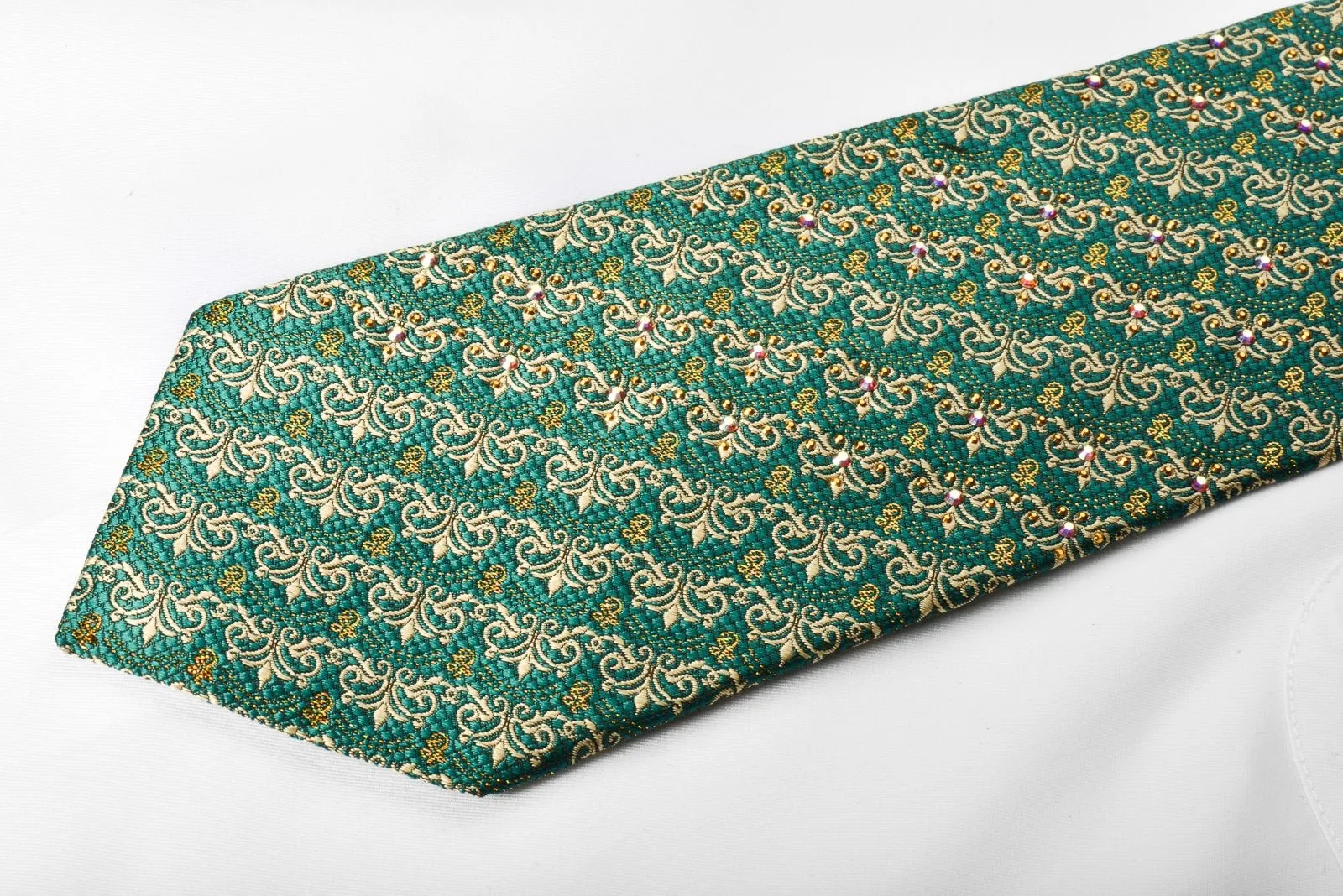 Daniel Hechter Rhinestone Silk Necktie Gold Cartouche On Emerald Green With Gold Sparkles