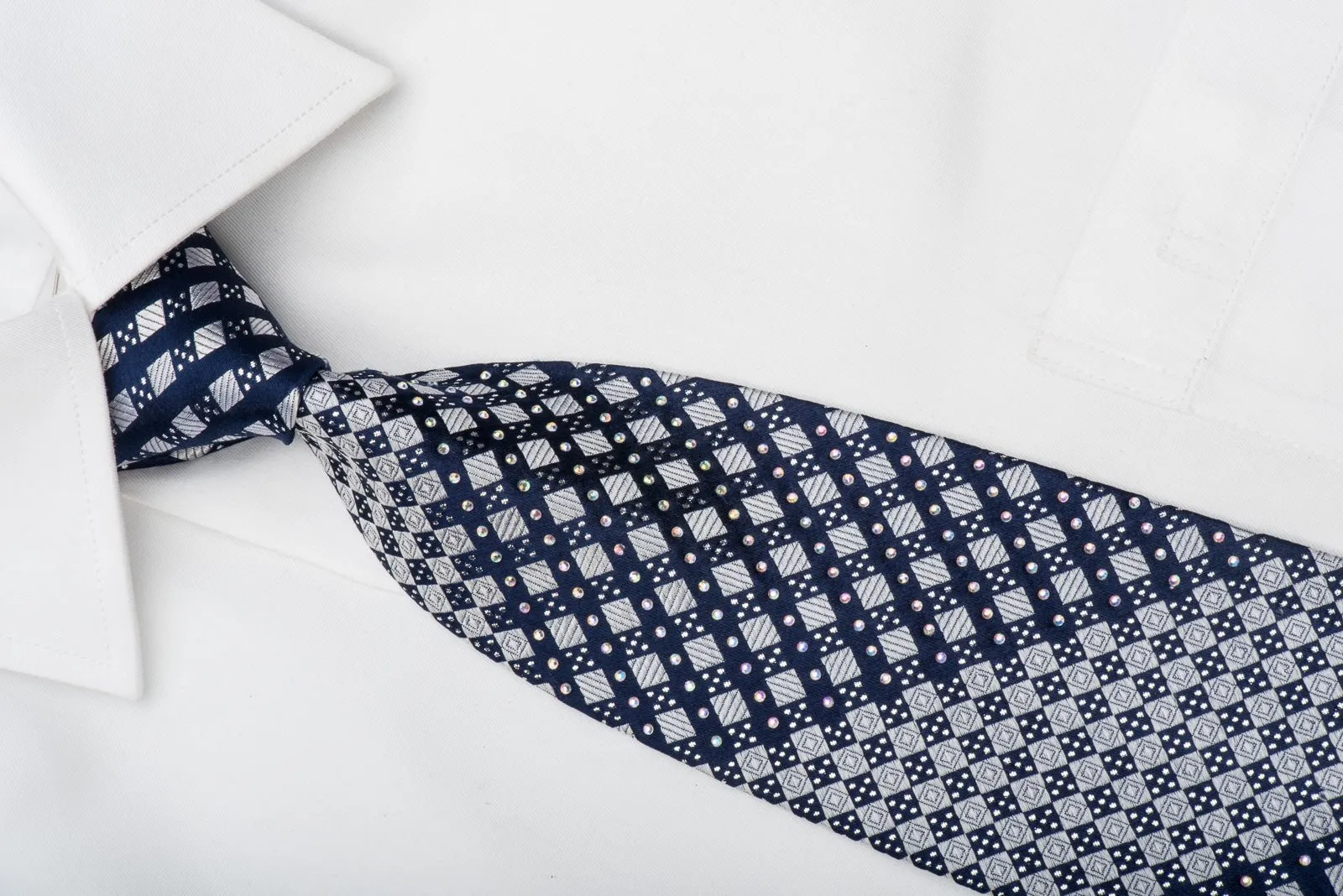 Franco Ferraro Rhinestone Silk Necktie Silver Blue Checkered With Sparkles