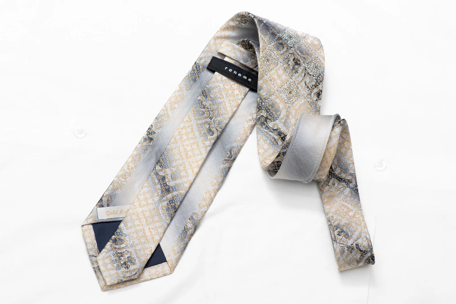 Gold Silver Cartouche On Silver Rhinestone Silk Necktie With Sparkles