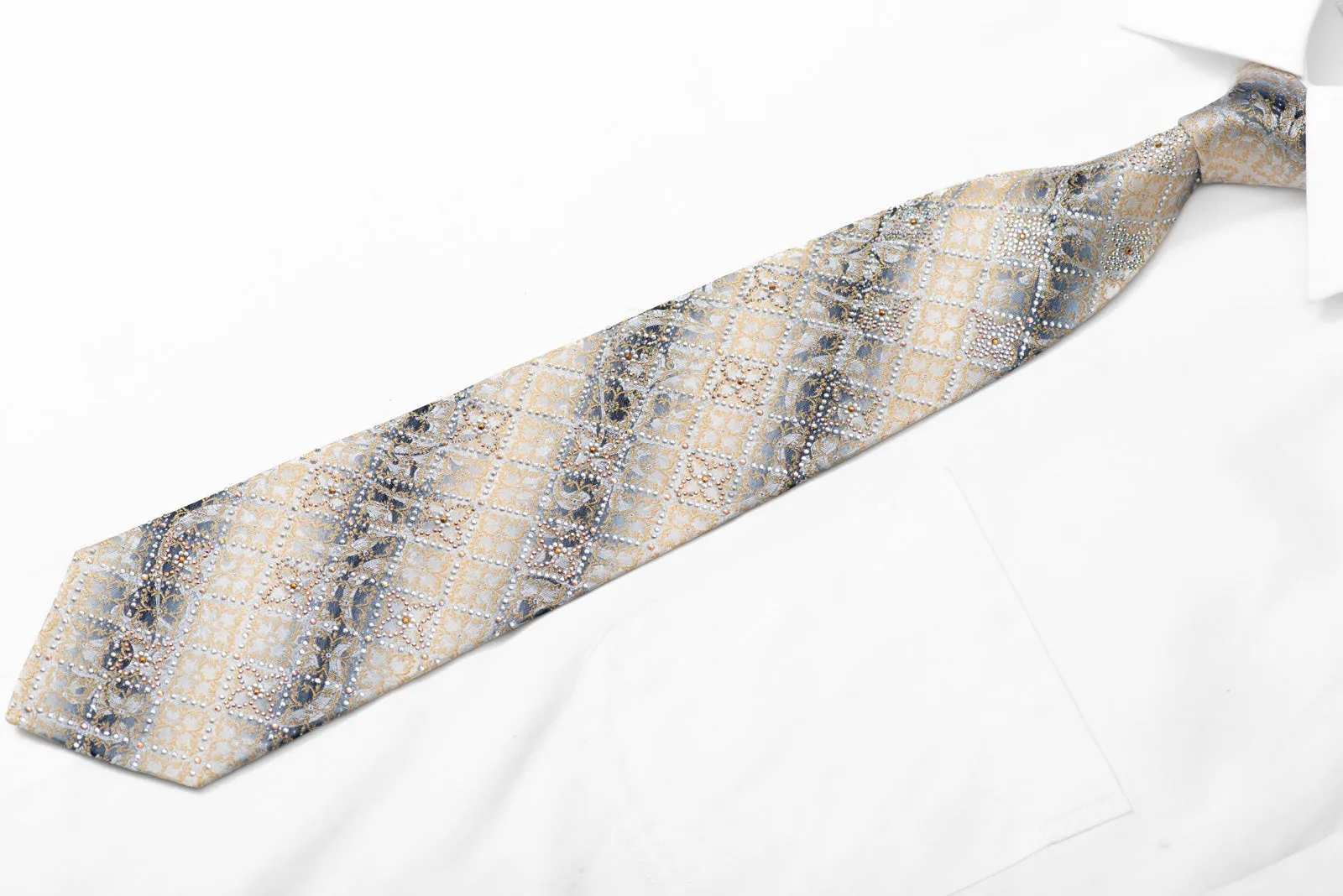 Gold Silver Cartouche On Silver Rhinestone Silk Necktie With Sparkles