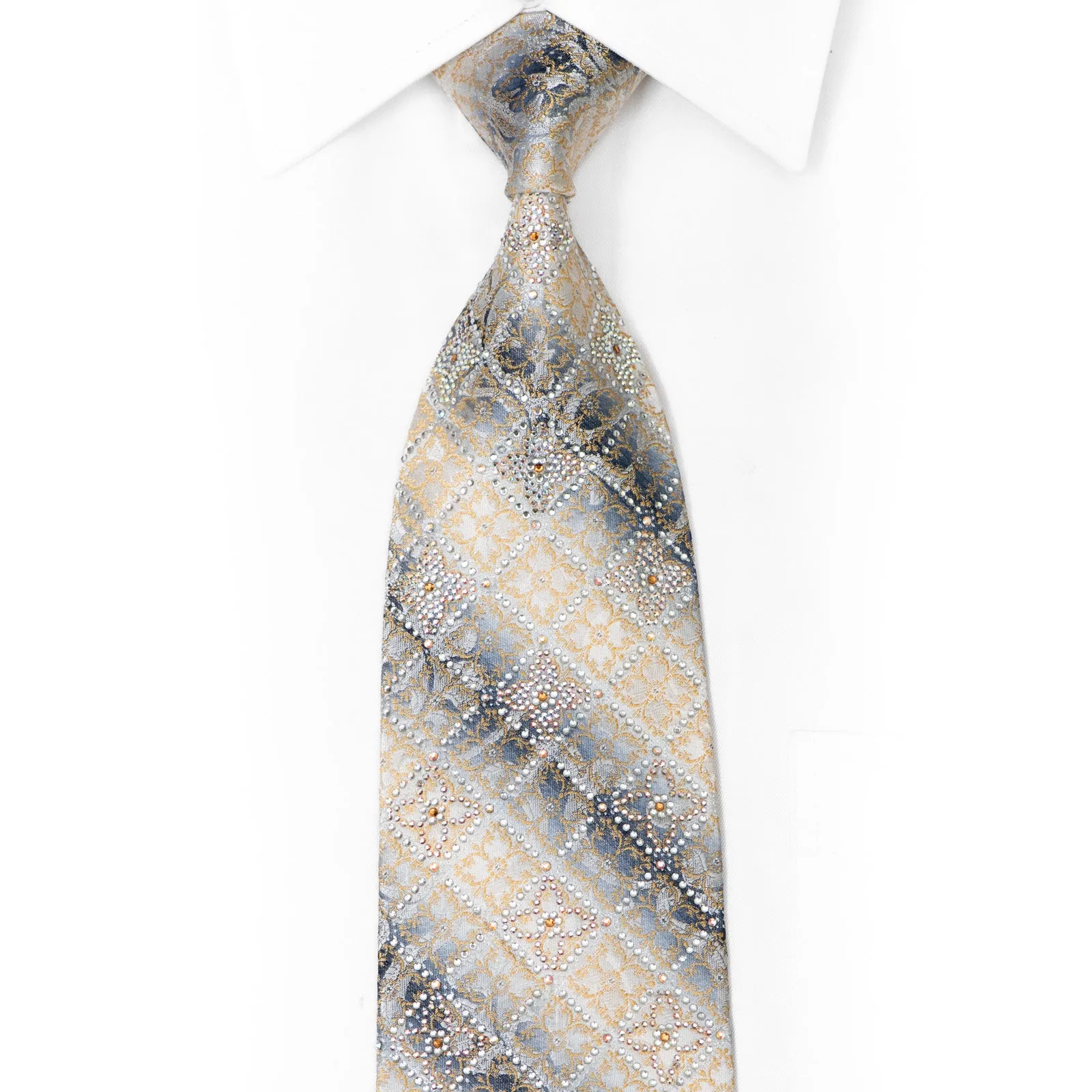 Gold Silver Cartouche On Silver Rhinestone Silk Necktie With Sparkles