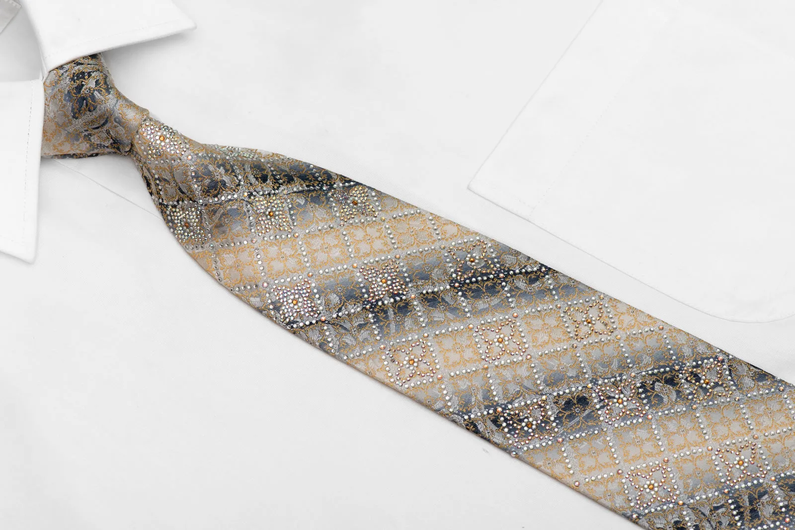 Gold Silver Cartouche On Silver Rhinestone Silk Necktie With Sparkles