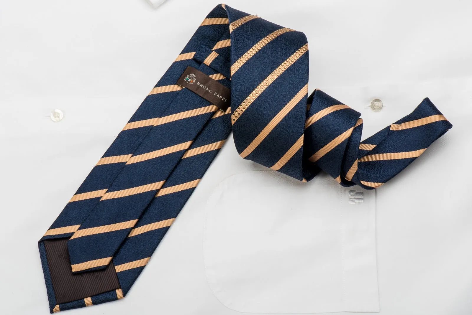 Gold Striped On Navy Cartouche Rhinestone Necktie Sparkling With Rhinestones