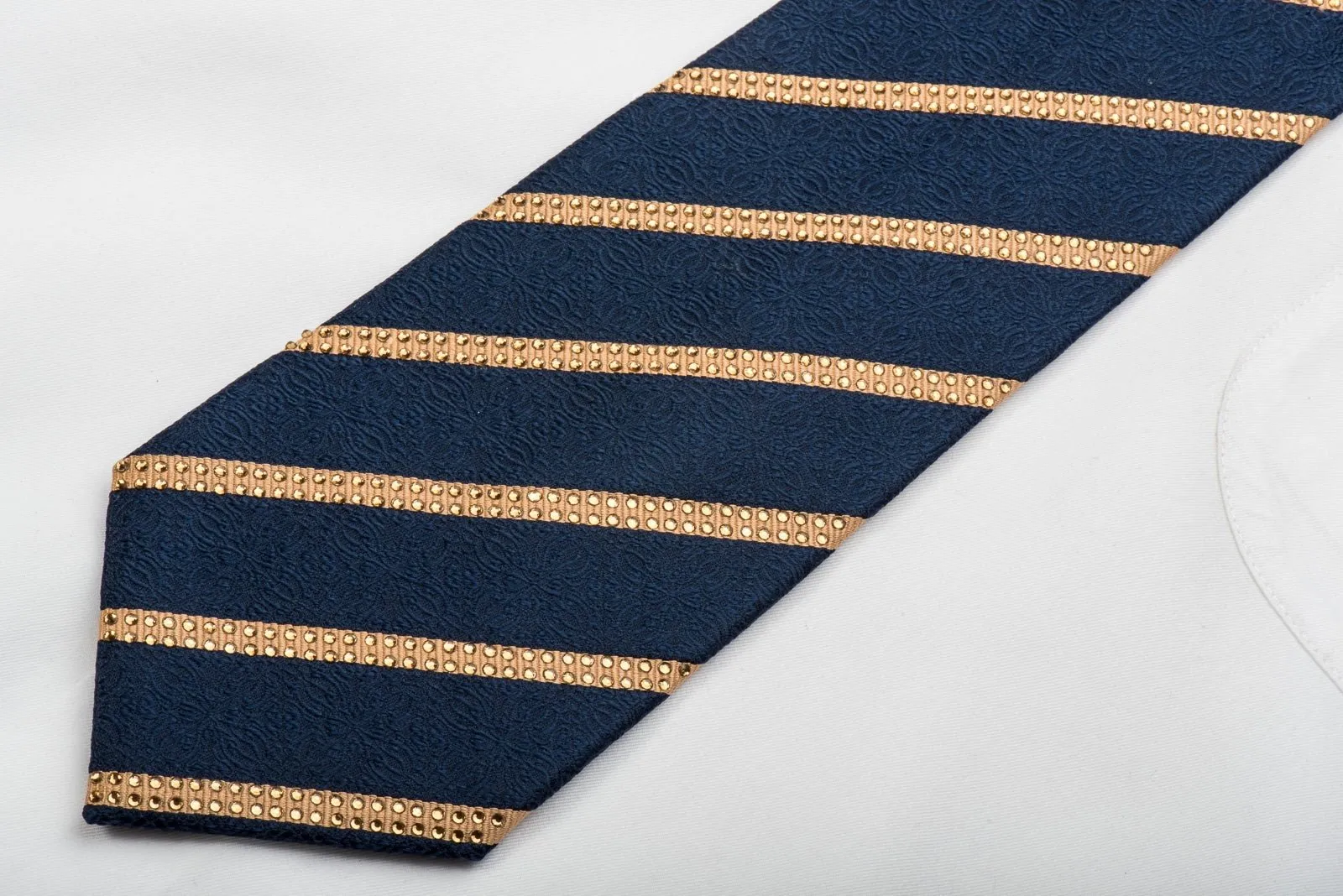 Gold Striped On Navy Cartouche Rhinestone Necktie Sparkling With Rhinestones