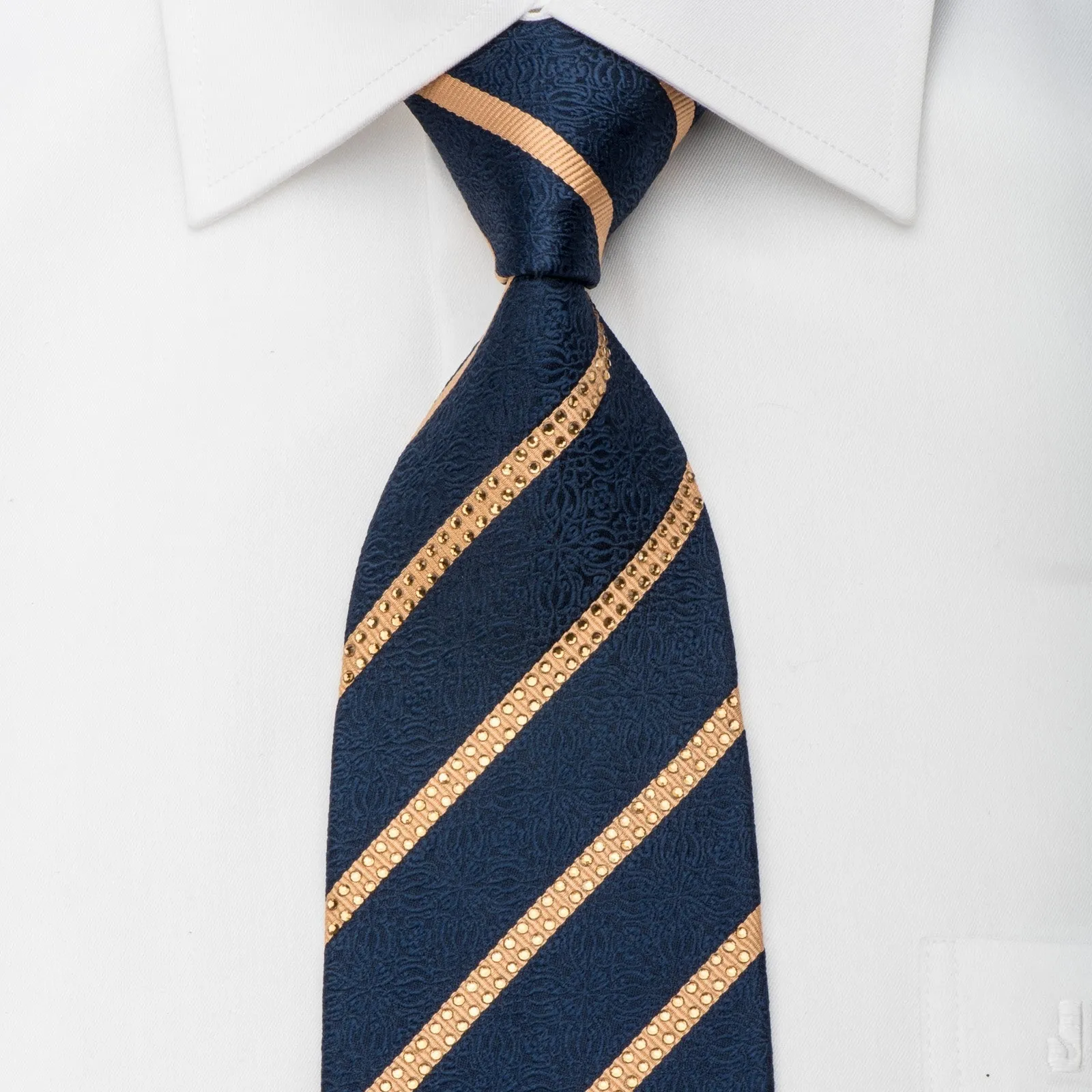 Gold Striped On Navy Cartouche Rhinestone Necktie Sparkling With Rhinestones