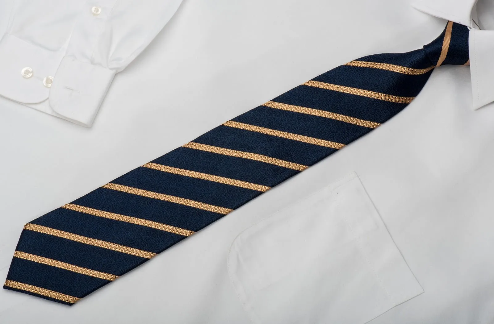 Gold Striped On Navy Cartouche Rhinestone Necktie Sparkling With Rhinestones