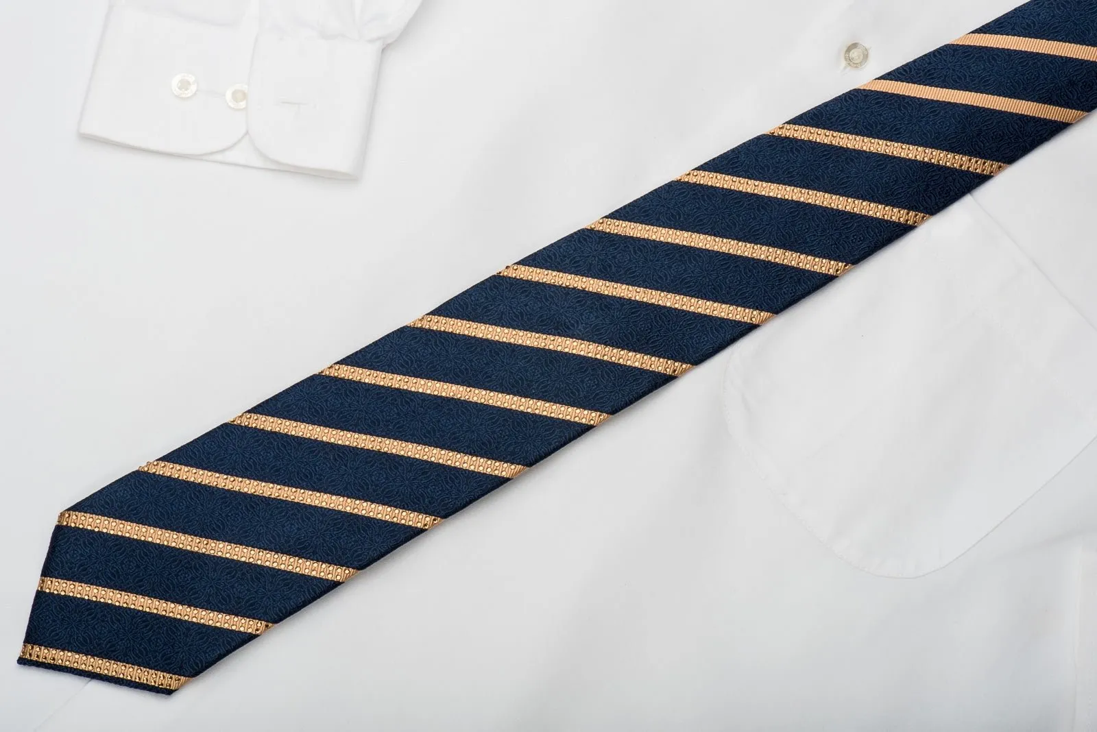 Gold Striped On Navy Cartouche Rhinestone Necktie Sparkling With Rhinestones