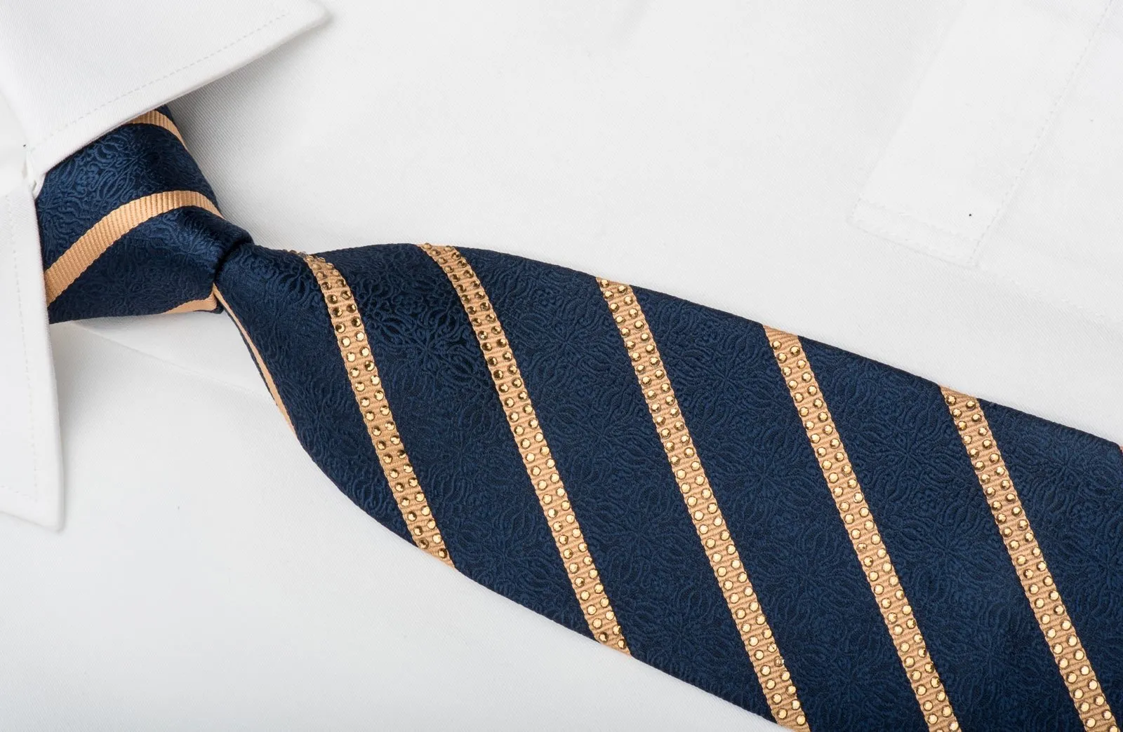 Gold Striped On Navy Cartouche Rhinestone Necktie Sparkling With Rhinestones