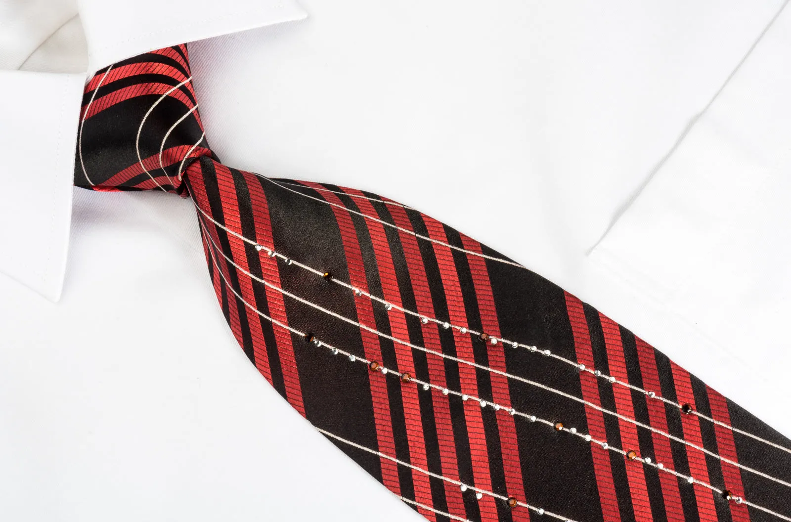 Grang Cia Rhinestone Silk Necktie Red Silver Stripes On Black With Silver Sparkles