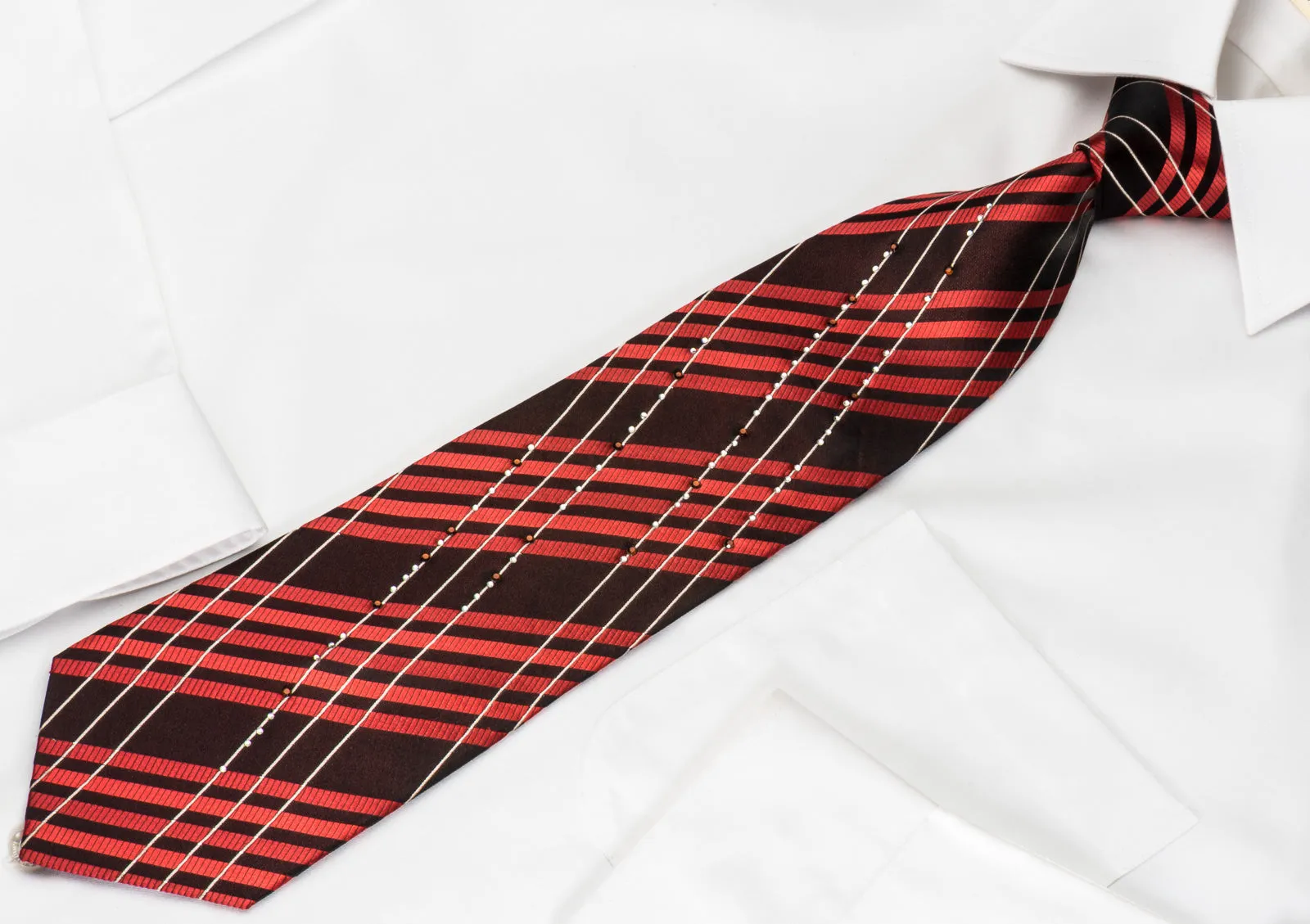 Grang Cia Rhinestone Silk Necktie Red Silver Stripes On Black With Silver Sparkles