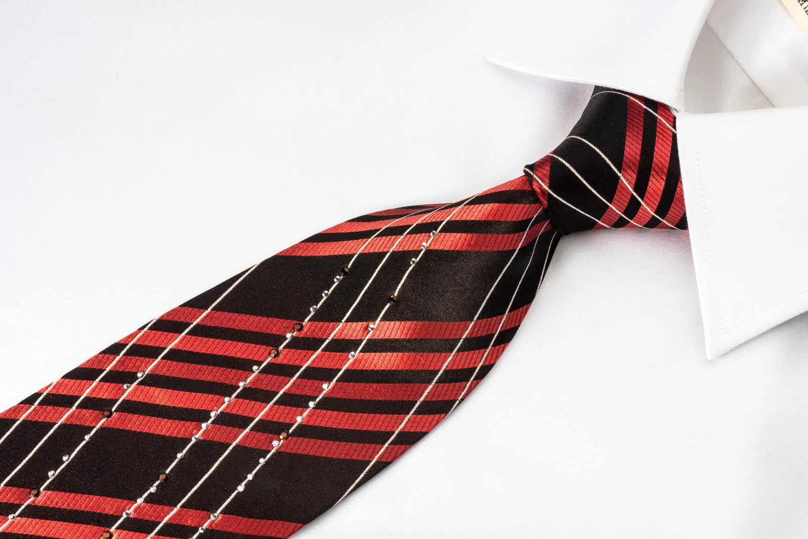Grang Cia Rhinestone Silk Necktie Red Silver Stripes On Black With Silver Sparkles