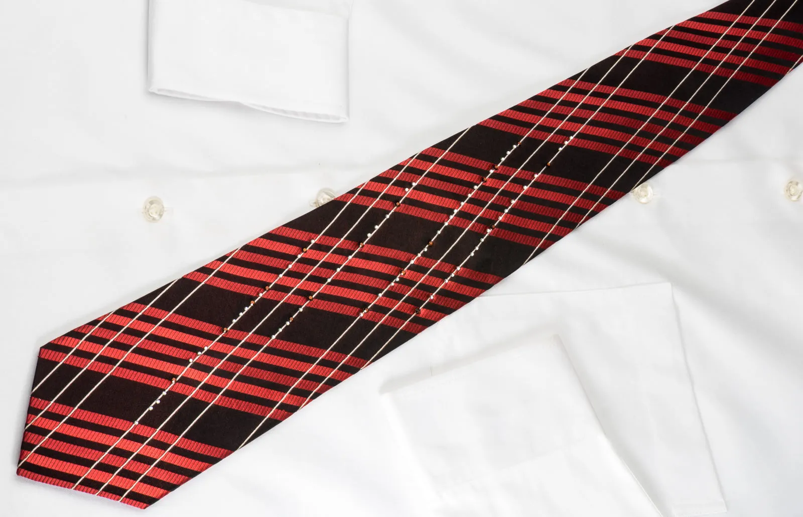 Grang Cia Rhinestone Silk Necktie Red Silver Stripes On Black With Silver Sparkles