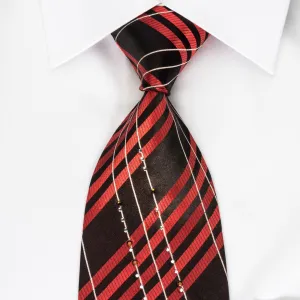 Grang Cia Rhinestone Silk Necktie Red Silver Stripes On Black With Silver Sparkles