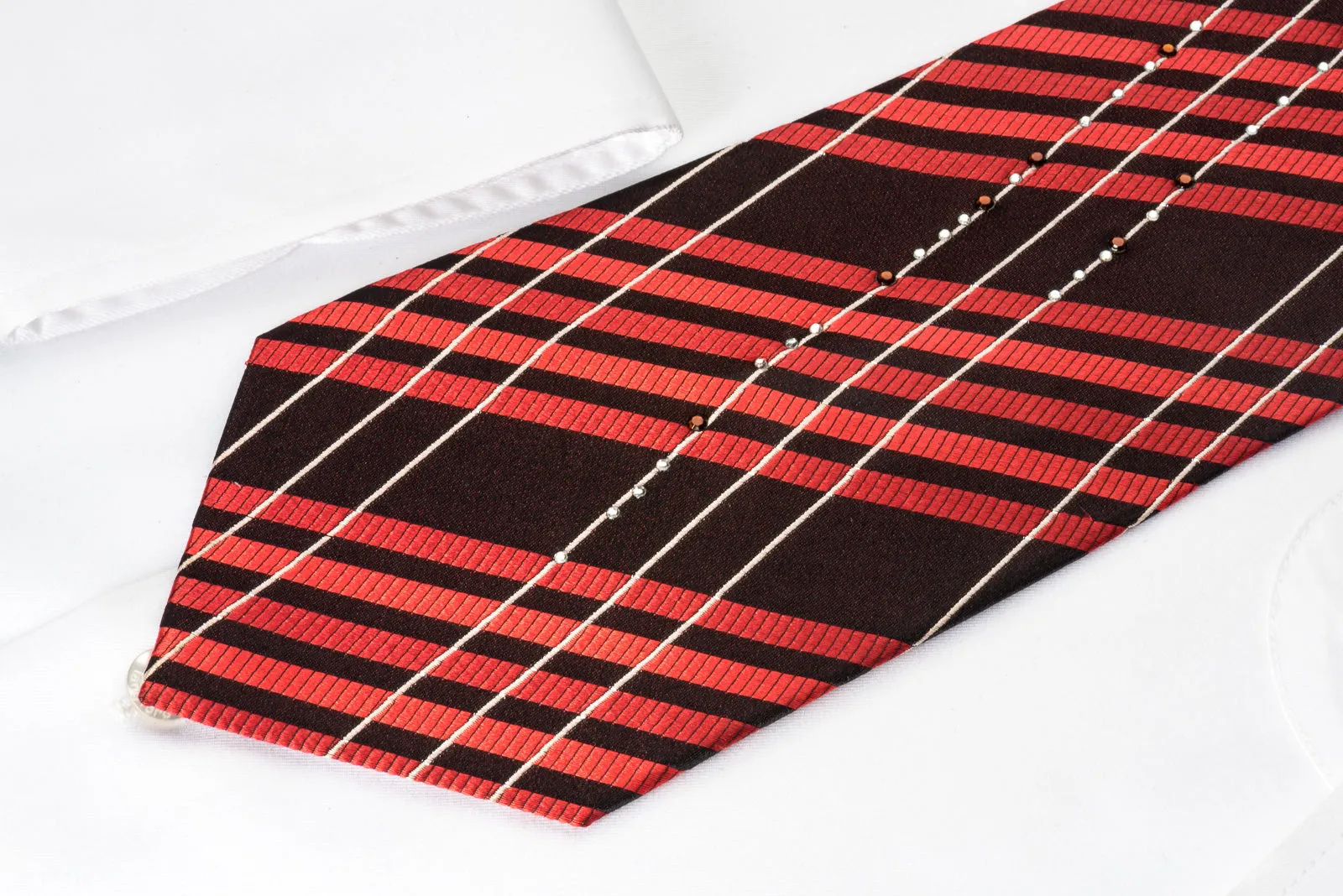 Grang Cia Rhinestone Silk Necktie Red Silver Stripes On Black With Silver Sparkles