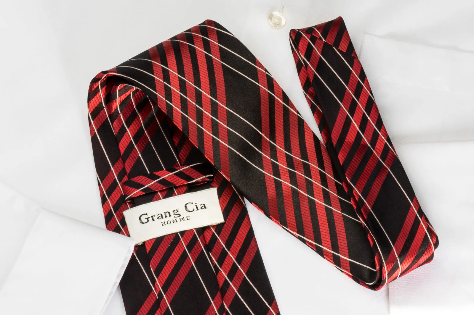 Grang Cia Rhinestone Silk Necktie Red Silver Stripes On Black With Silver Sparkles