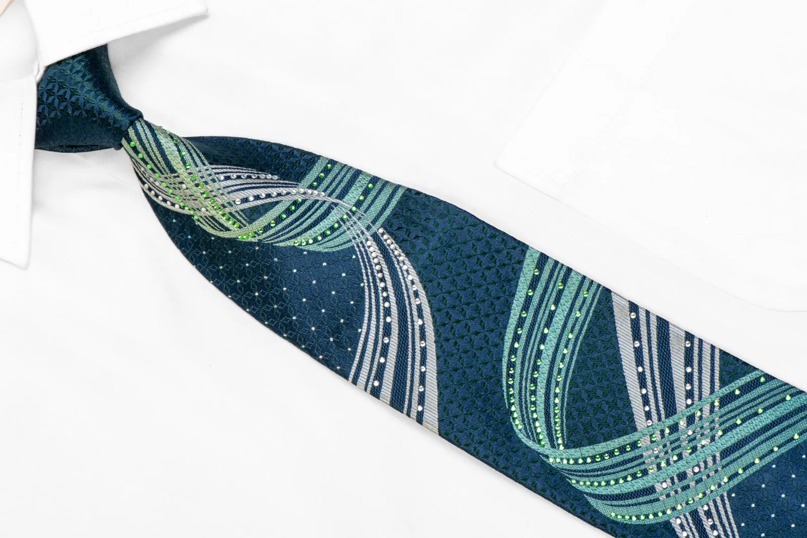 Green Silver Waves & Geometric On Navy Rhinestone Tie With Silver Sparkles
