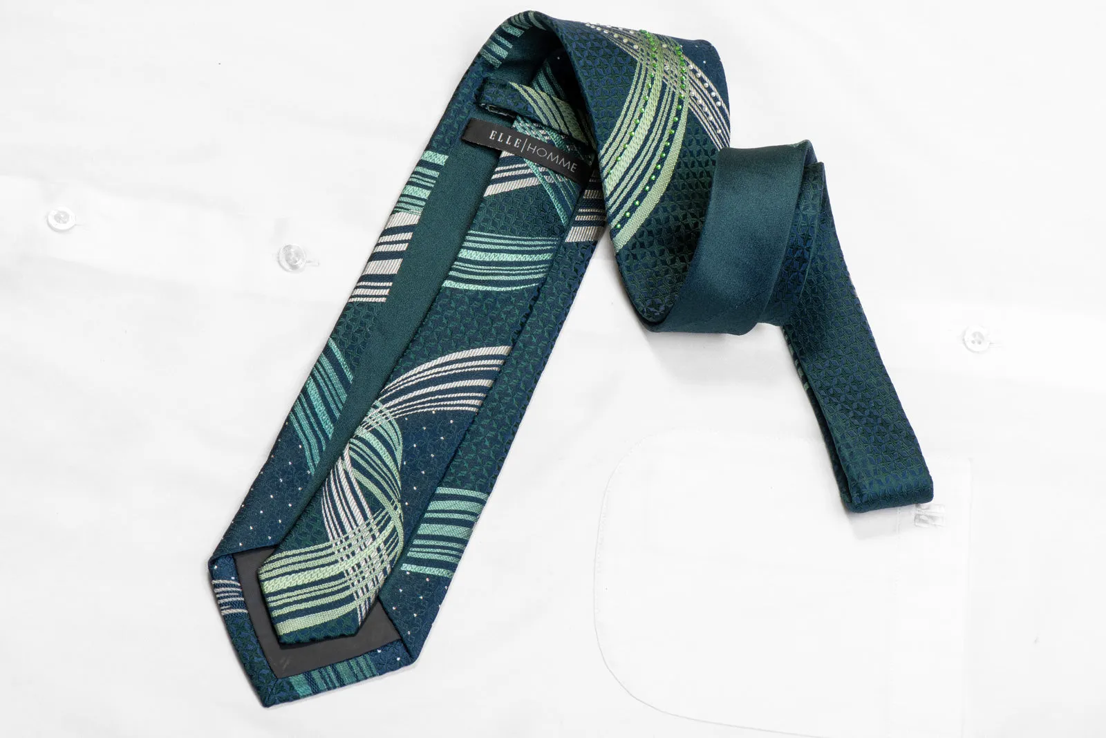 Green Silver Waves & Geometric On Navy Rhinestone Tie With Silver Sparkles