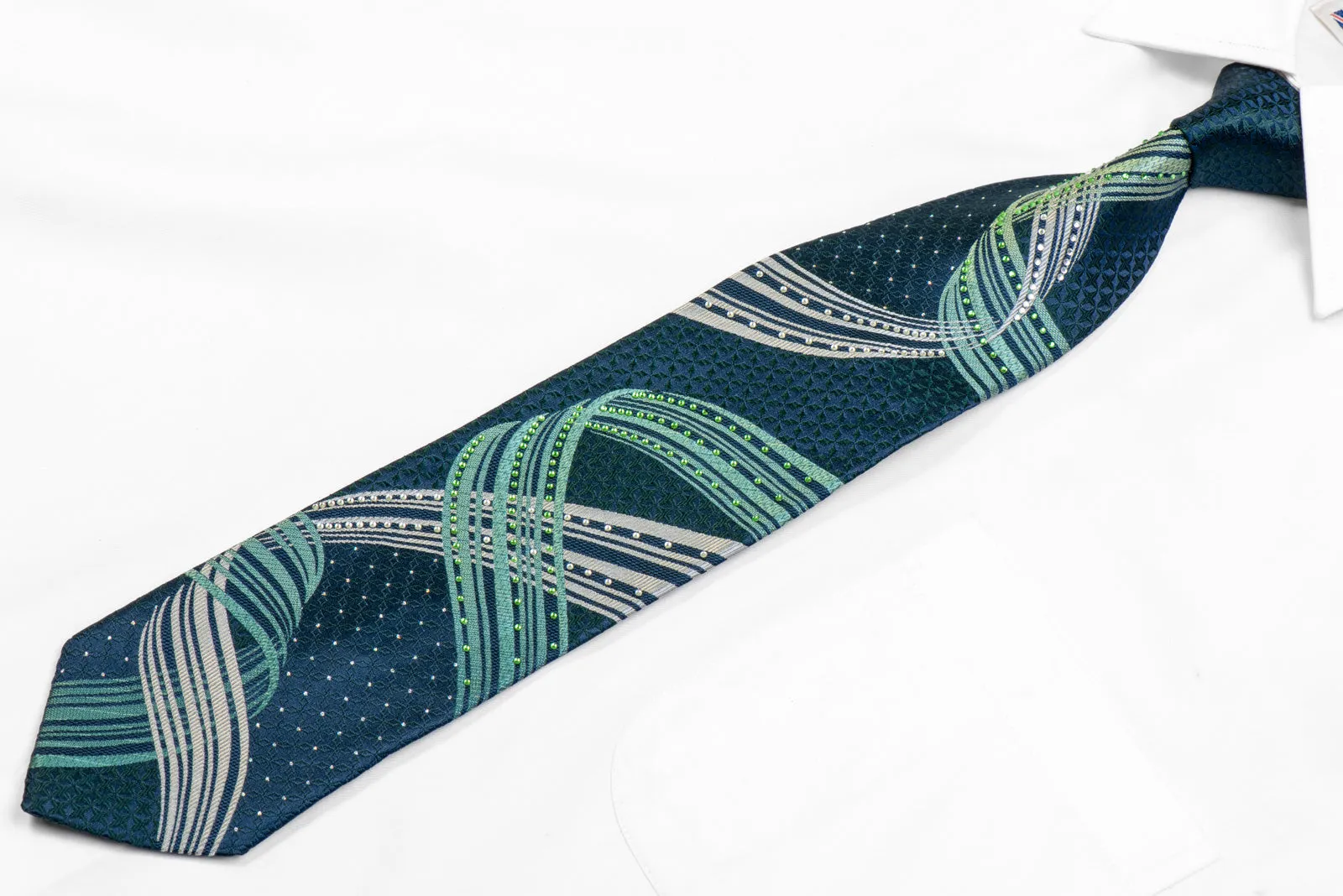 Green Silver Waves & Geometric On Navy Rhinestone Tie With Silver Sparkles