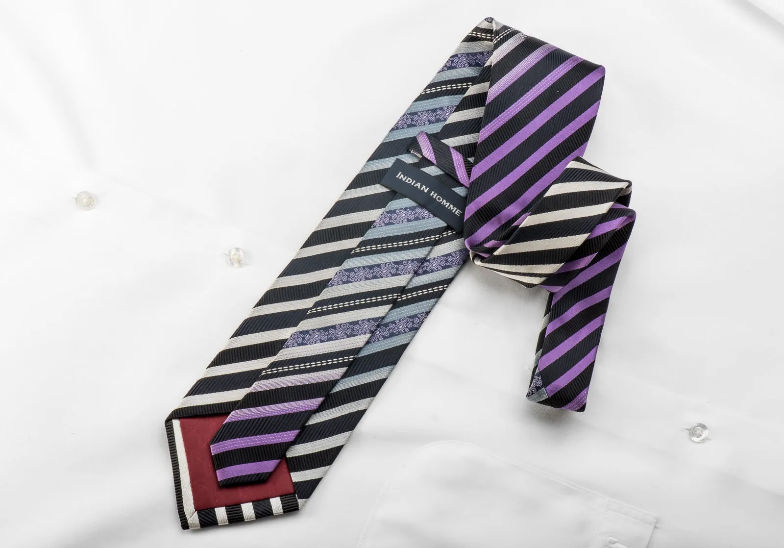 Indian Homme Men's Silk Necktie Silver Purple Striped On Navy Sparkling With Rhinestones