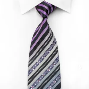 Indian Homme Men's Silk Necktie Silver Purple Striped On Navy Sparkling With Rhinestones