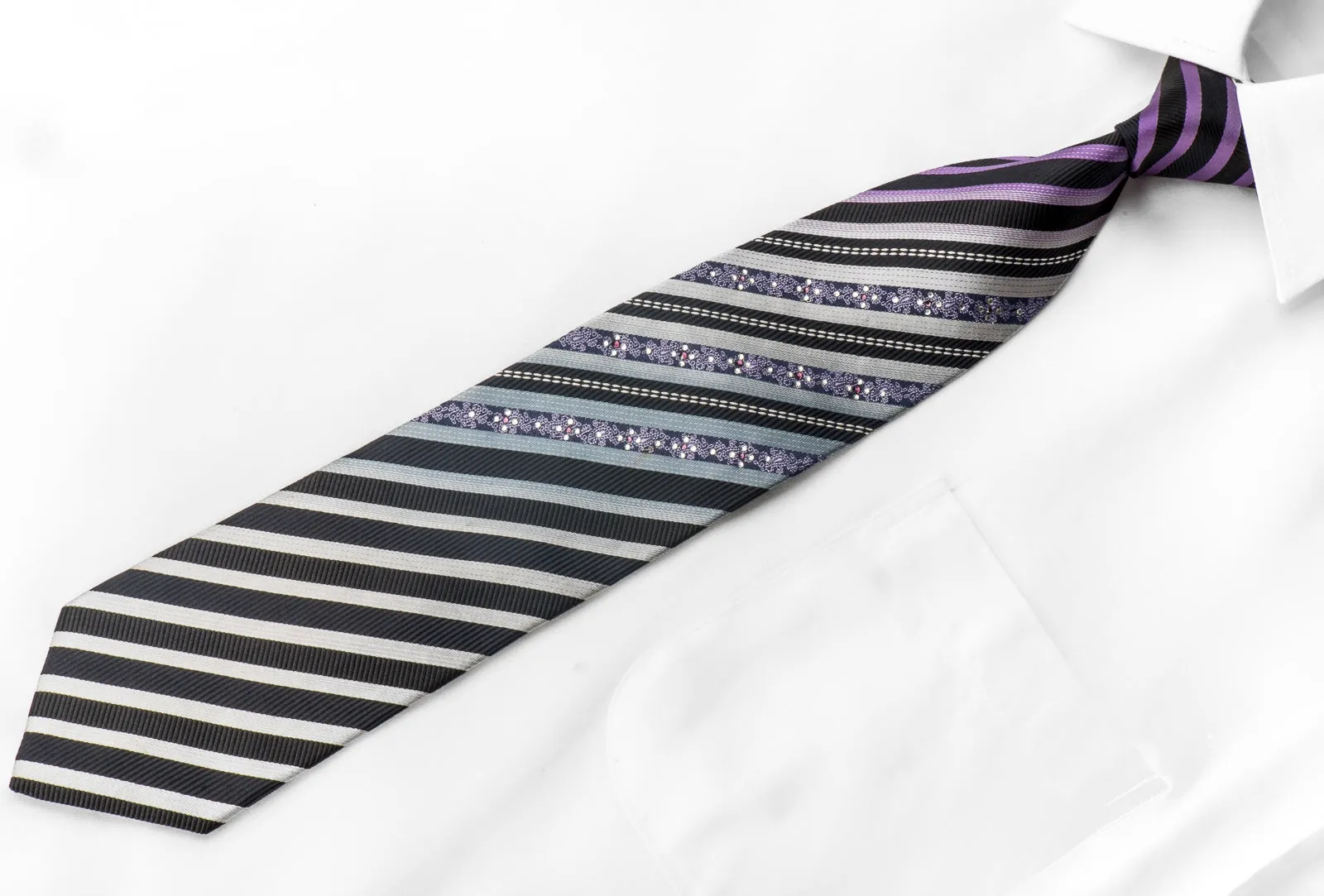 Indian Homme Men's Silk Necktie Silver Purple Striped On Navy Sparkling With Rhinestones