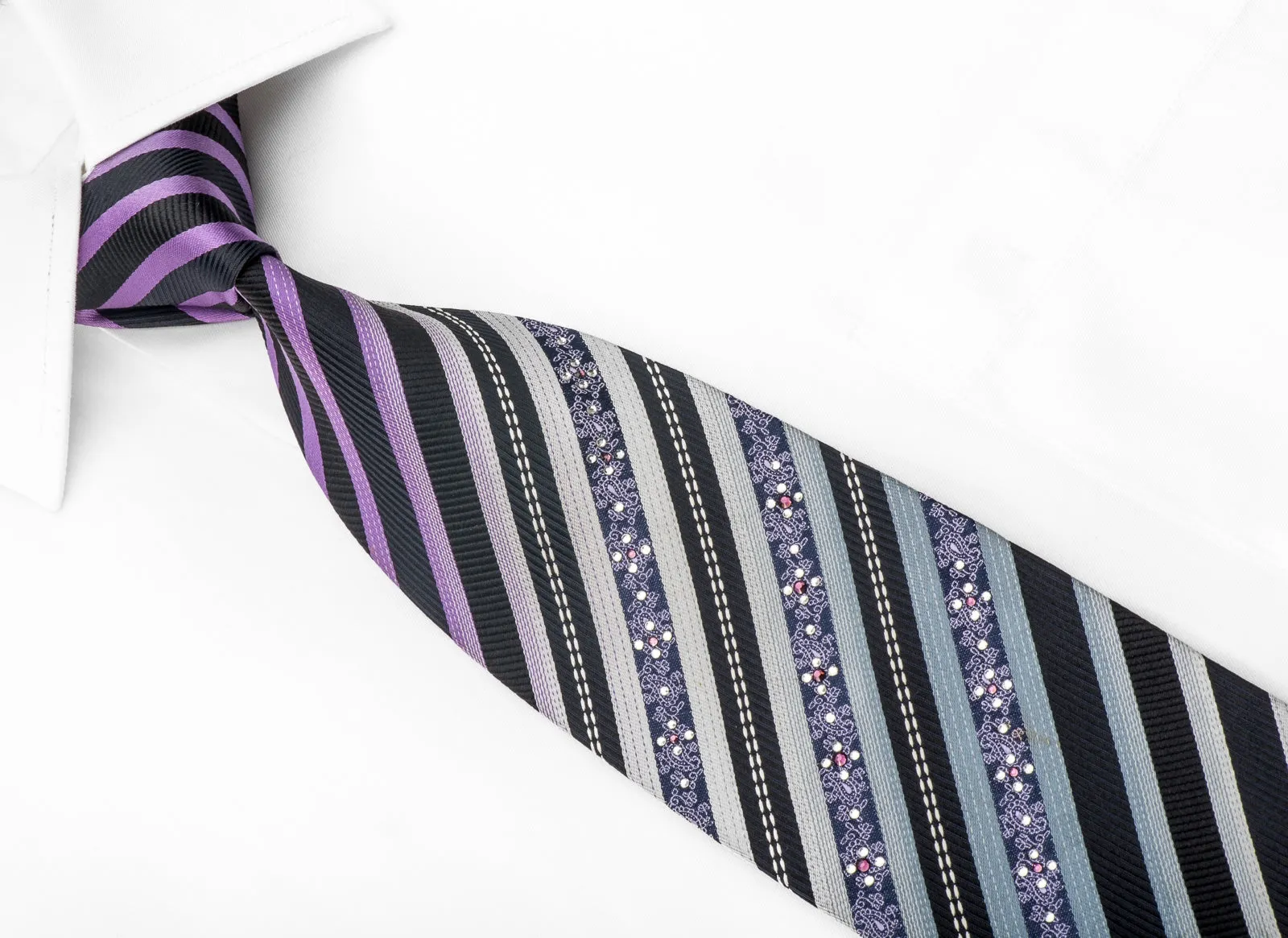 Indian Homme Men's Silk Necktie Silver Purple Striped On Navy Sparkling With Rhinestones