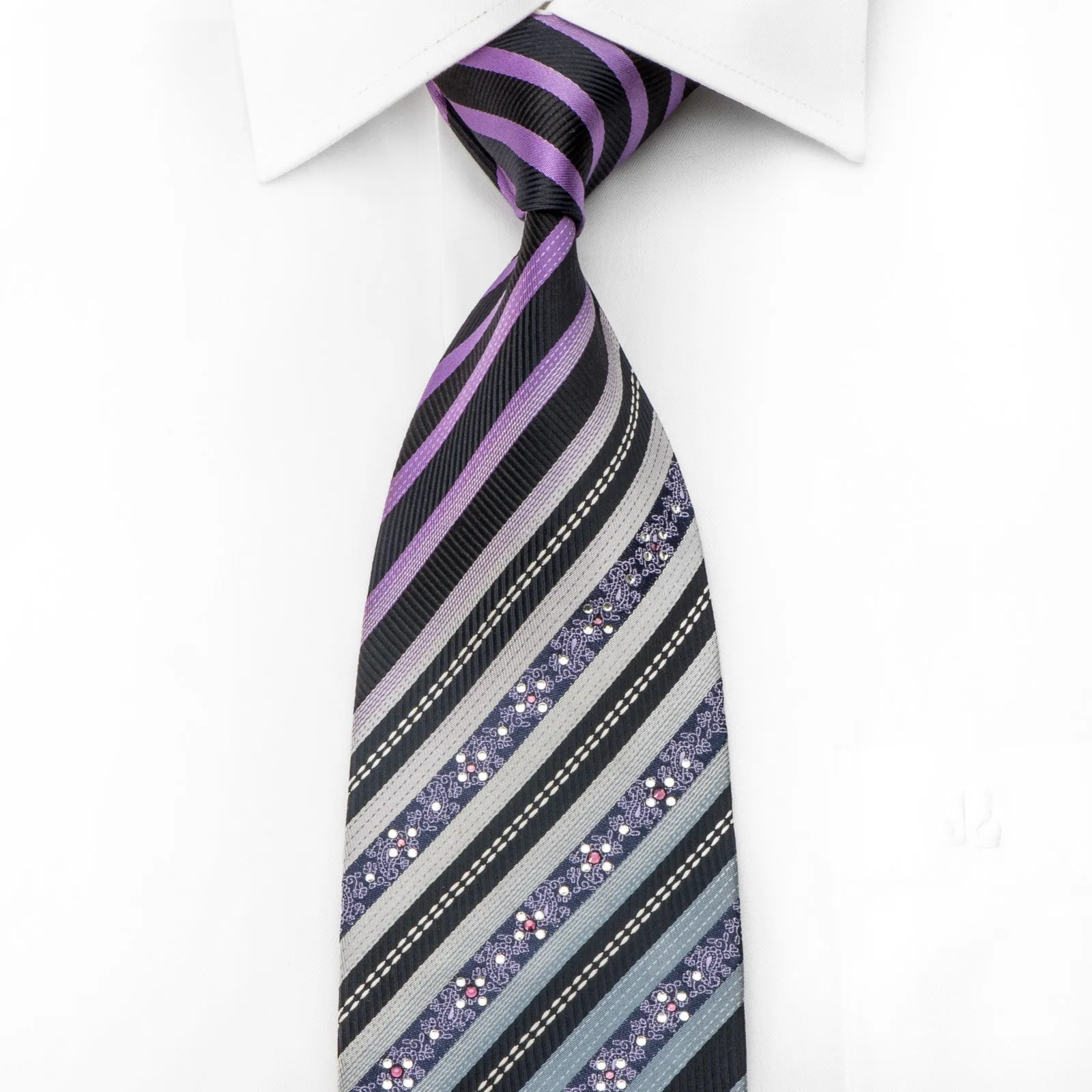 Indian Homme Men's Silk Necktie Silver Purple Striped On Navy Sparkling With Rhinestones
