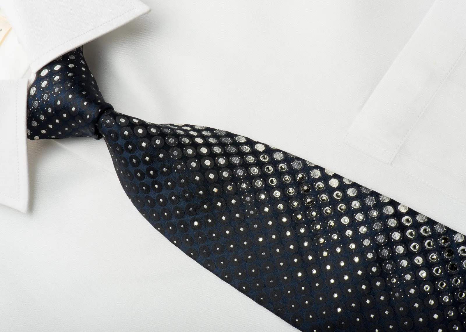 Indian Homme Rhinestone Silk Necktie Geometric Circles On Navy With Silver Sparkles