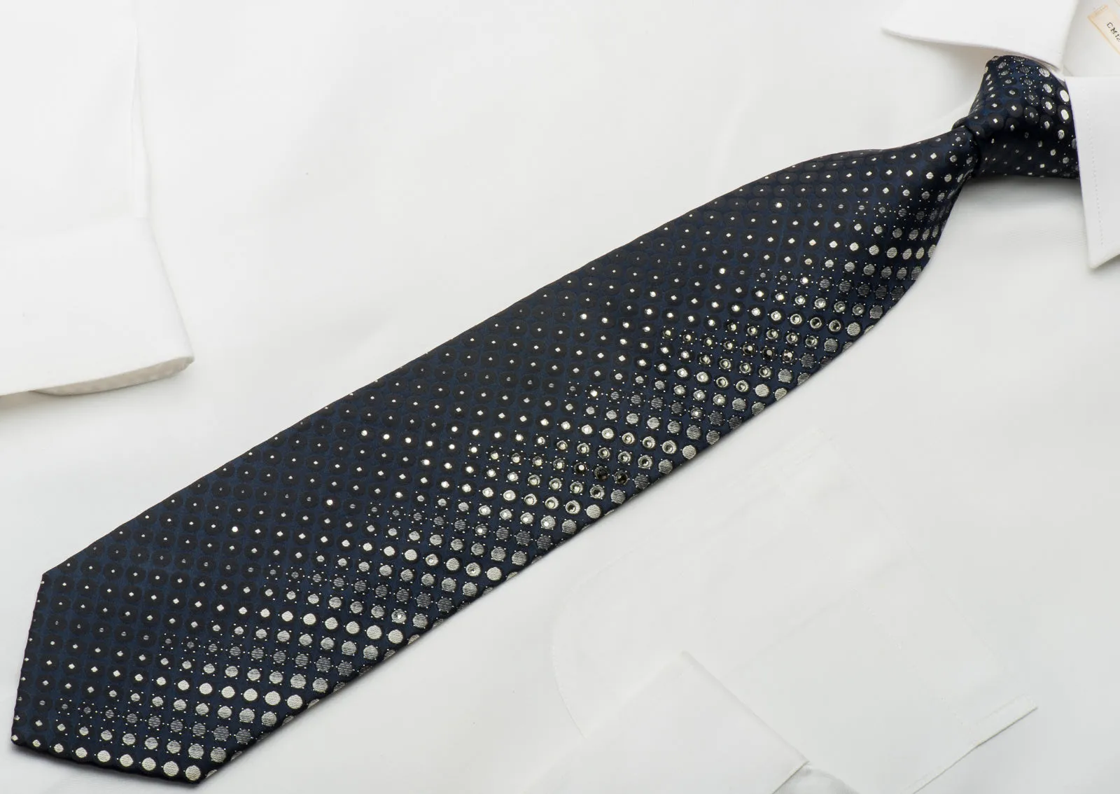Indian Homme Rhinestone Silk Necktie Geometric Circles On Navy With Silver Sparkles