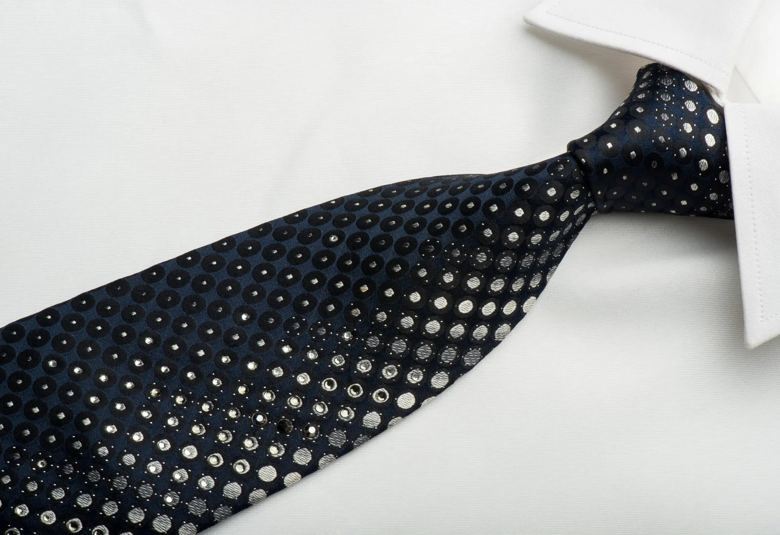 Indian Homme Rhinestone Silk Necktie Geometric Circles On Navy With Silver Sparkles