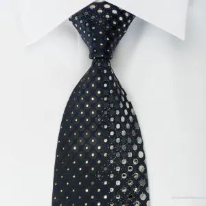 Indian Homme Rhinestone Silk Necktie Geometric Circles On Navy With Silver Sparkles