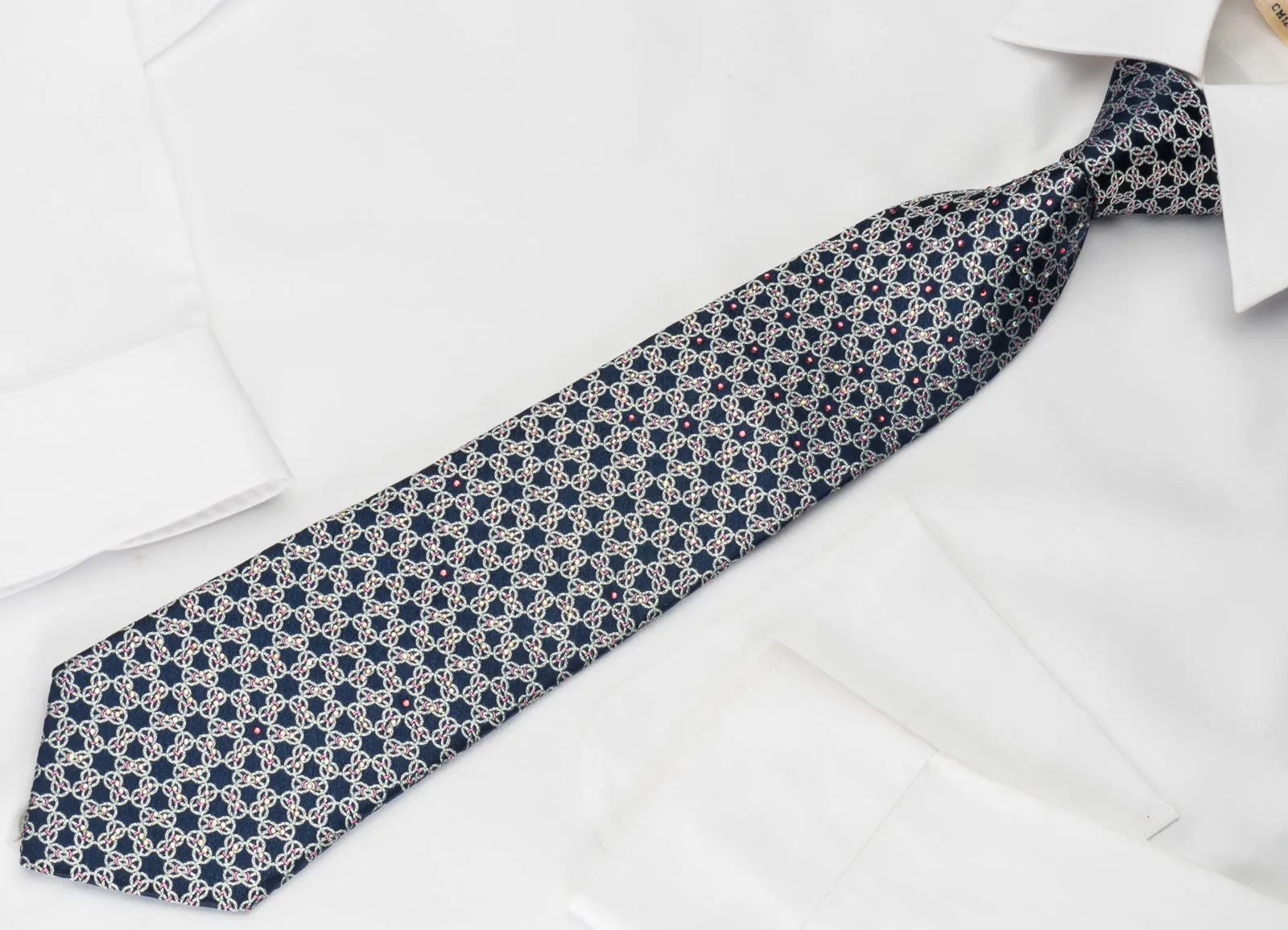 Interlocking Silver Chain On Blue Rhinestone Necktie