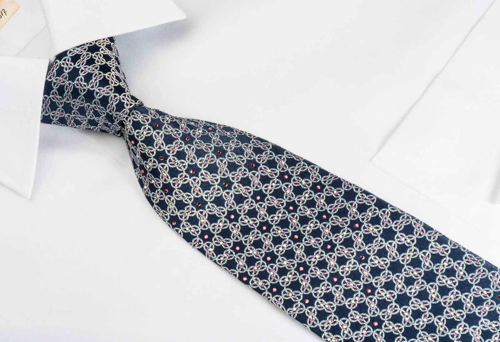 Interlocking Silver Chain On Blue Rhinestone Necktie