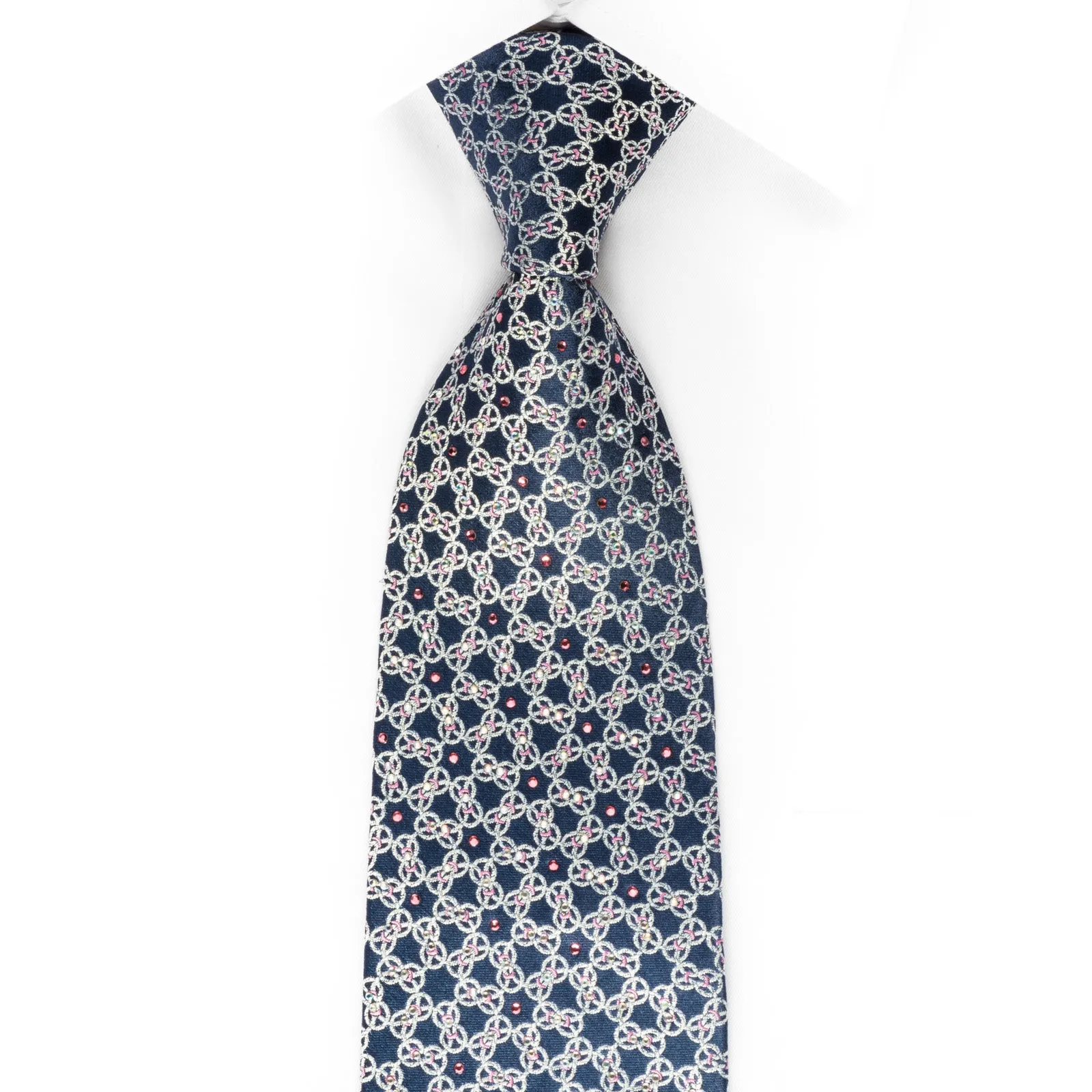 Interlocking Silver Chain On Blue Rhinestone Necktie