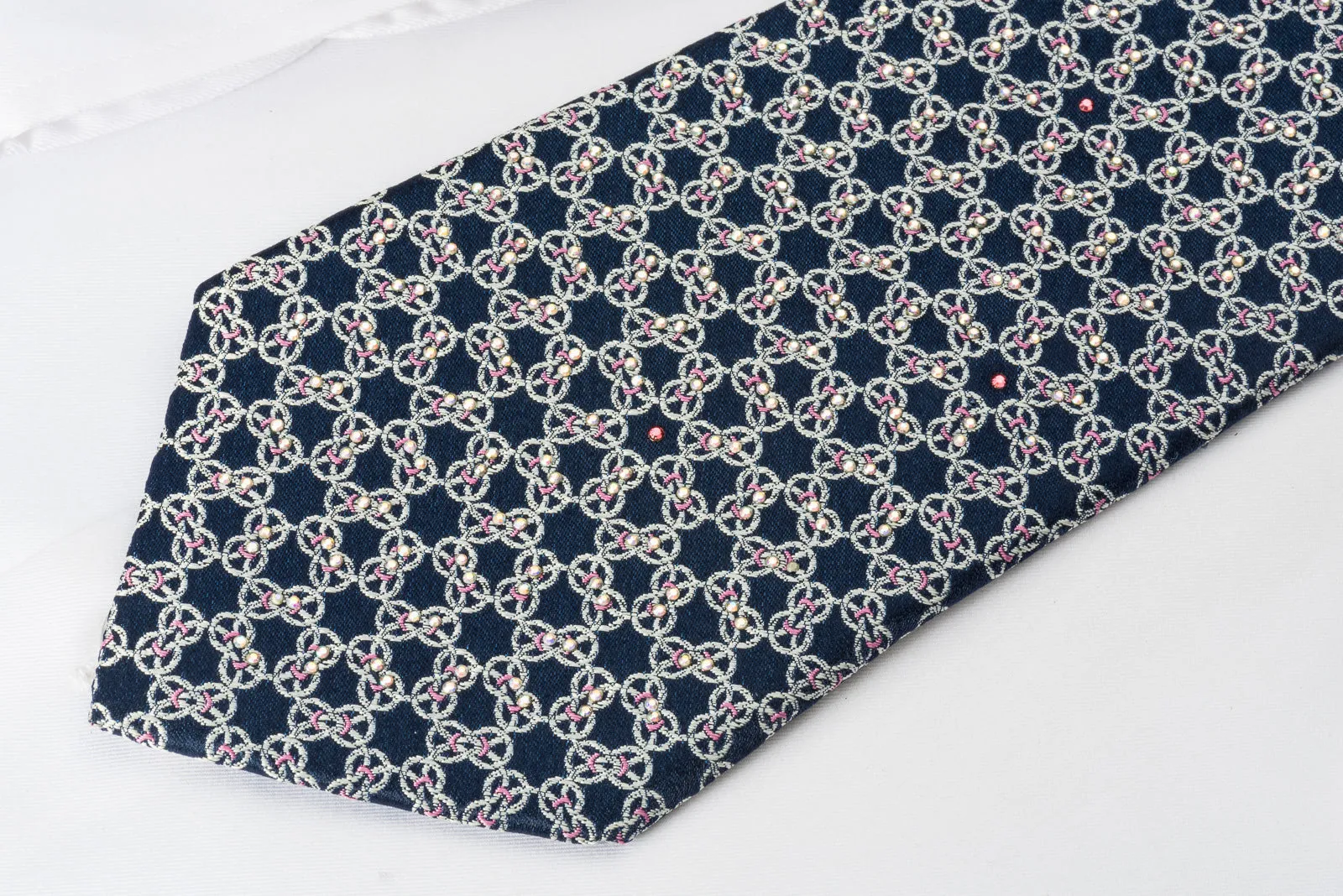 Interlocking Silver Chain On Blue Rhinestone Necktie