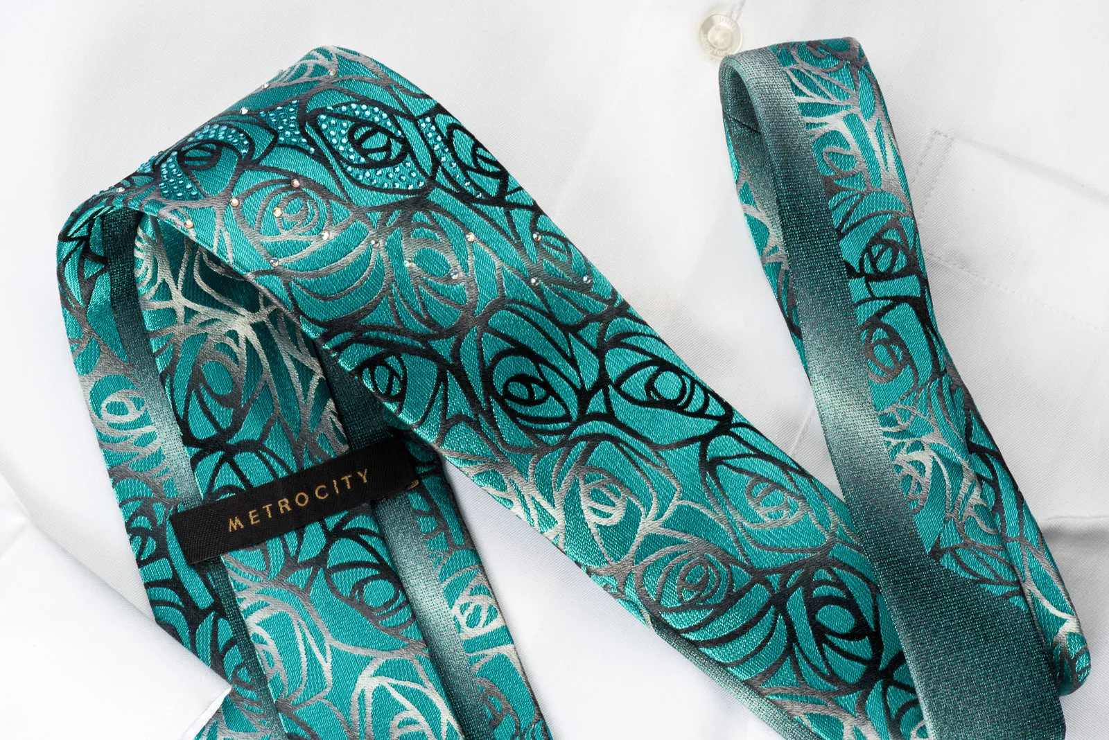 Metro City Rhinestone Silk Tie Abstract Floral On Turquoise Design