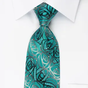 Metro City Rhinestone Silk Tie Abstract Floral On Turquoise Design