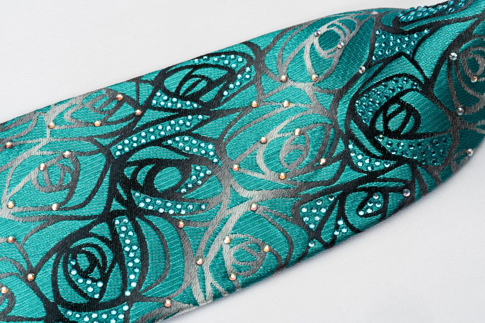 Metro City Rhinestone Silk Tie Abstract Floral On Turquoise Design